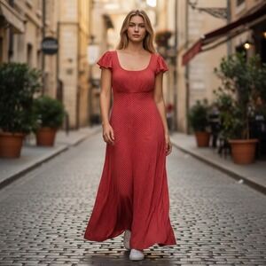Wild Fable Red Polka Dot Lace Trim Flutter Sleeve Open Back Midi Dress XL